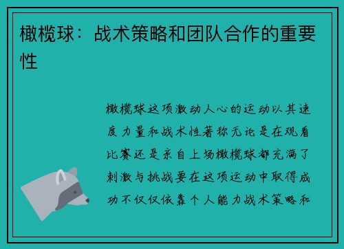 橄榄球：战术策略和团队合作的重要性